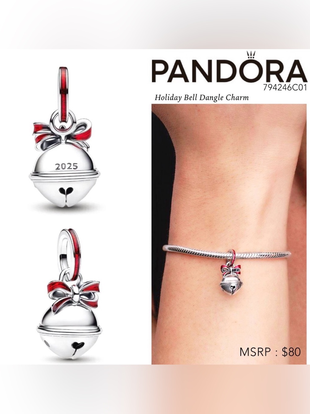 PANDORA Christmas Holiday Bell Dangle Charm w/box